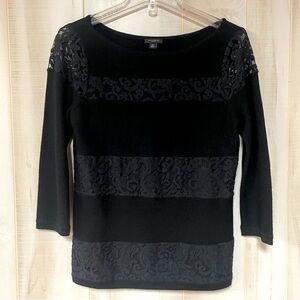 Ann Taylor Black  Merino Wool-Blend 3/4 Sleeve Sweater With Lacy Panel Sz MP